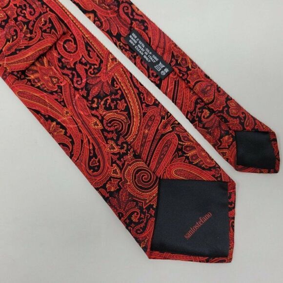 SANTOSTEFANO SILK TIE RED BLACK PAISLEY SATIN 3.75" EXTRA LONG - Picture 3 of 4